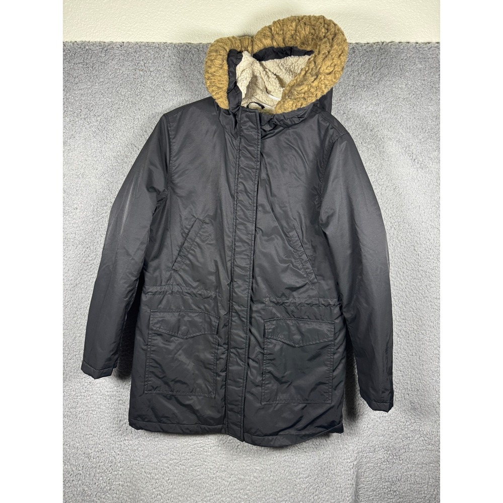 Levi Strauss & Co Womens Black Sherpa Lined Parka Jacket Faux Fur Hood Large